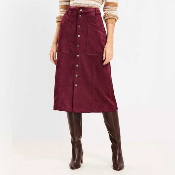 LOFT‎ Burgundy Faux Suede Midi Skirt Moto Style Size 14 - Picture 1 of 13
